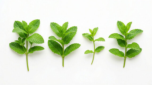 Four fresh green mint sprigs arranged in a row isolated on a clean white studio background