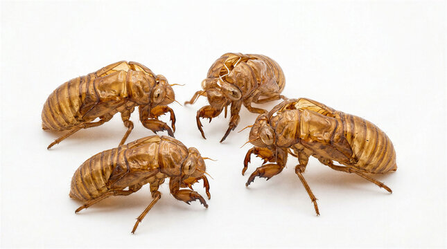 Four empty cicada exoskeleton shells isolated on a clean white background for nature study
