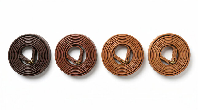 Four coiled leather camera straps in varying shades of brown arranged on a white background