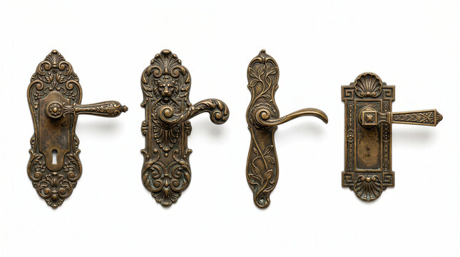 Four ornate vintage bronze door handles with intricate decorative metalwork on white background