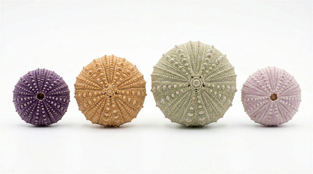 Four dried sea urchin shells in various colors arranged in a row on a clean white background