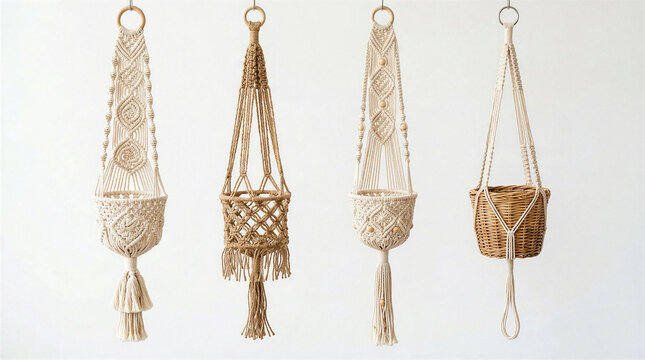 Four decorative macrame plant hangers with intricate knots and natural woven basket textures