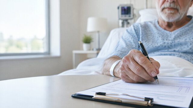 Senior male patient with medical wristband reaching to sign healthcare authorization form in quiet hospice room