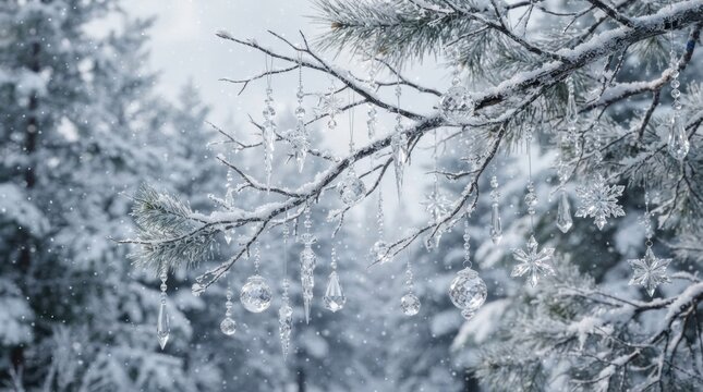 Snow-covered pine branches with icicles, falling snow, and a forest in the background.