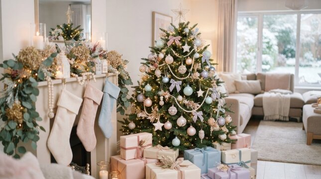 A beautifully decorated Christmas tree with pastel ornaments and lights, surrounded by presents and a cozy living room setting.