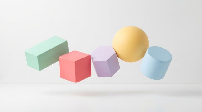 A collection of geometric shapes floating in mid-air against a plain white background.