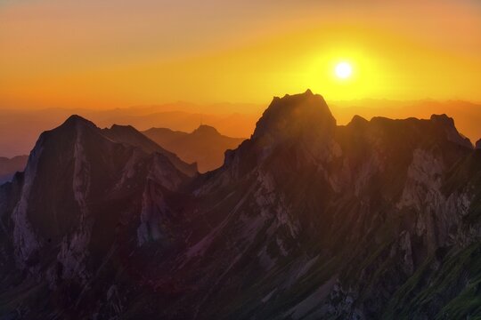 Alpstein Mountains at sunrise, view of Mount Hoher Kasten, Canton Appenzell Innerrhoden, Switzerland