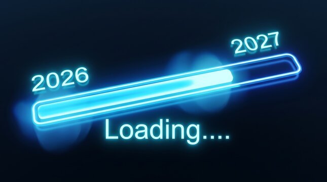Neon progress bar transitioning between years 2026 and 2027 with loading text with futuristic digital style