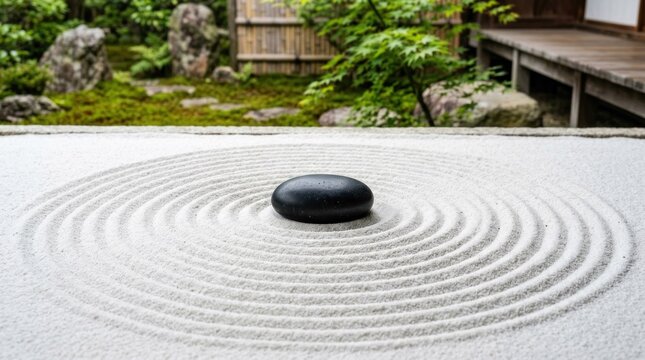 A black stone is placed in the center of a circular sand pattern in a serene Japanese garden setting.