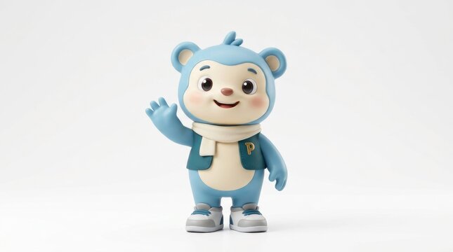 A blue and white monkey mascot with a scarf and sneakers, waving and smiling, against a white background.