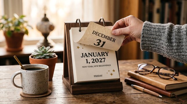 Person flipping calendar page to january 1 2027 marking new year celebration indoors with hand turns calendar