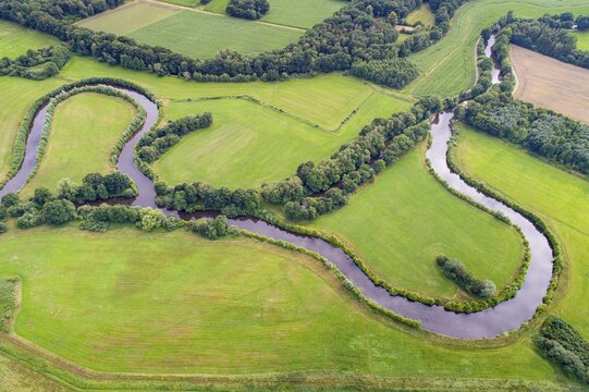 Aerial view of the Hunte river course, river, natural, Meander, Gro&szlig;enkneten, Lower Saxony, Germany