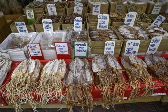 Dried squid at the market on Yaowarat Road, China Town, Chinese neighbourhood, Sampheng, Bangkok, Thailand