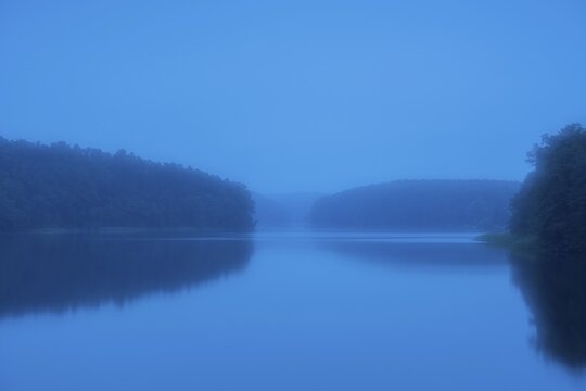 Dawn at blue hour at the lake, Schmalen Luzin, Feldberger Seenlandschaft, Mecklenburg-Western Pomerania, Germany