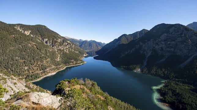 View of Plansee, behind Sch&ouml;nj&ouml;chl, hike to Schrofennas, Ammergau Alps, Reutte district, Tyrol, Austria