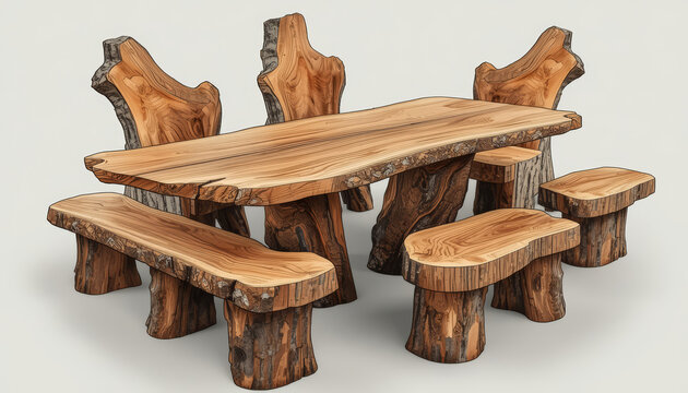 Wooden dining table set against a white background.