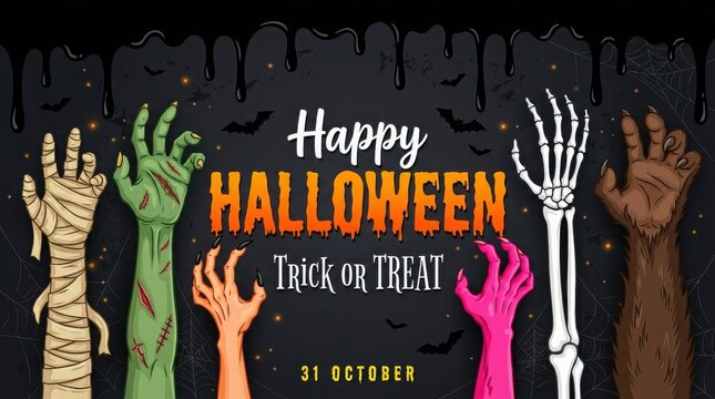 Happy halloween background with various monster hands reaching up