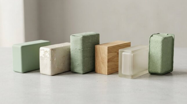 A collection of six rectangular, green and white soap bars arranged in a row on a neutral background.