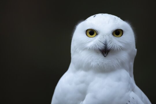Snowy owl (Bubo scandiacus) adult bird calling with its beak open, England, United Kingdom, Captive