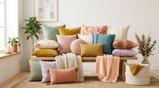 A variety of colorful pillows and cushions arranged on a wooden bench in a modern, minimalist setting with a window and plants in the background.