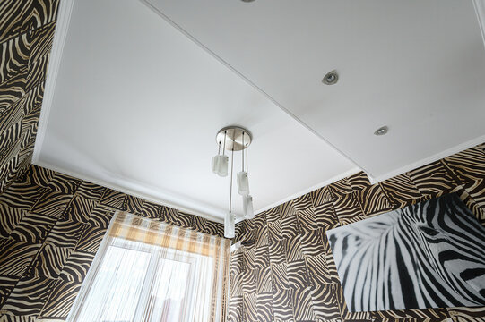 Room features zebra-print patterned walls, white stretch ceiling, recessed ceiling lights, modern pendant light fixture, sheer window curtains, bold graphic design