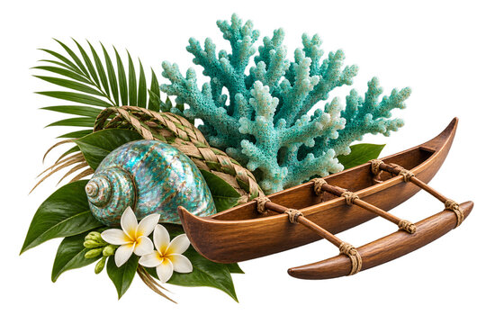 Traditional wooden outrigger canoe featuring exotic seashell tropical coral and beautiful plumeria flowers on transparent background