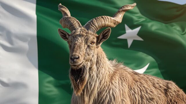 Majestic Markhor (National Animal of Pakistan) with Waving Pakistani Flag
