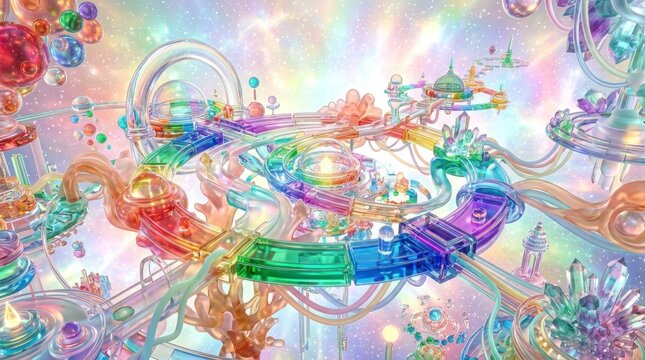 A vibrant, colorful, and intricate digital artwork featuring a futuristic, rainbow-colored, and glass-like structure with a cosmic,