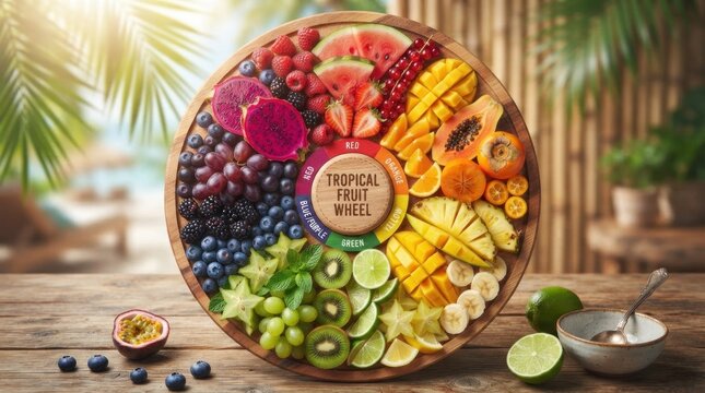 A vibrant tropical fruit wheel with a variety of colorful fruits, including bananas, mangoes, limes, and passion fruit, arranged in a circular pattern on a wooden table with a tropical background.