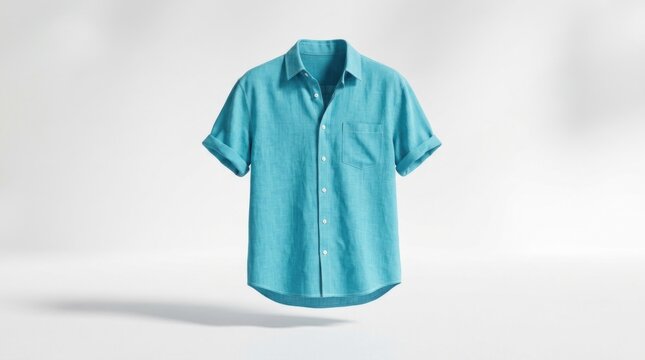 A turquoise short-sleeved shirt with rolled-up sleeves, displayed against a plain background.
