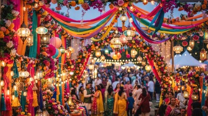 Fototapeta premium A vibrant and colorful festival scene with intricate floral decorations, colorful lanterns, and a crowd of people enjoying the festivities.