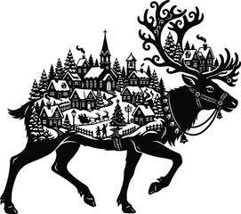 A reindeer silhouette carries a detailed winter village scene within its form a black vector illustration © Samarpan