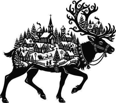 A reindeer silhouette carries a detailed winter village scene within its form a black vector illustration