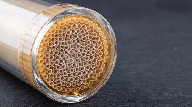 Macro cross section photograph of industrial hollow fiber ultrafiltration membrane bundle inside transparent pressure vessel casing for municipal drinking water purification treatment