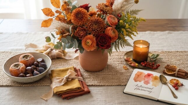 A table setting with a vase of autumn flowers, apples, and a candle, arranged on a woven placemat with a rustic wooden table and a wooden floor in the background.