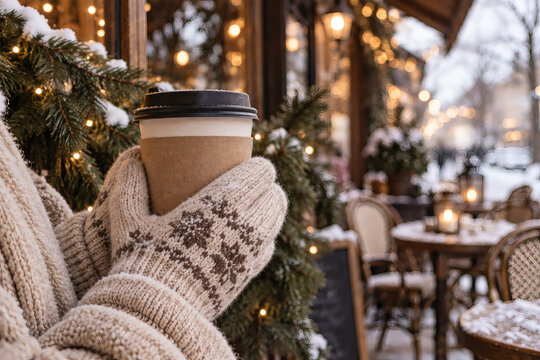Close up of hands in cozy woolen mittens holding warm takeaway coffee cup at winter street cafe