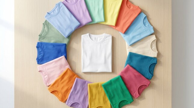 A colorful selection of t-shirts arranged in a circular pattern on a wooden surface with a light-colored background.
