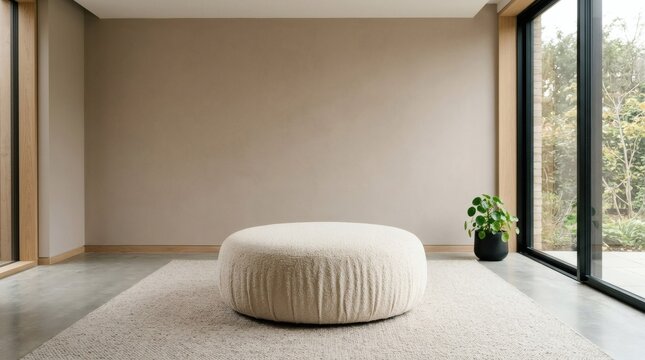 Contemporary boucle ottoman stool centered on beige textured rug in neutral living space for luxury furniture display.