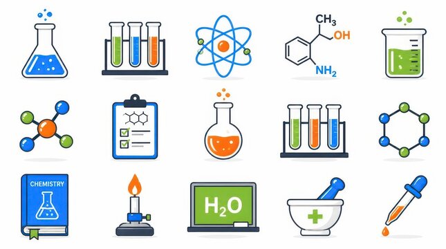 Chemistry Science Icons Set Flasks Molecules Atoms Formulas Lab Equipment