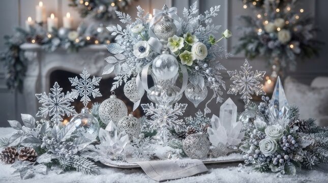 A festive Christmas centerpiece with silver and white ornaments, snowflakes, and berries on a white tablecloth, with a fireplace in the background.