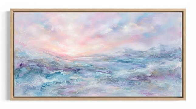 A serene, pastel-colored landscape with a mountain range in the distance, a body of water in the foreground, and a soft, ethereal sky filled with soft, pastel clouds.