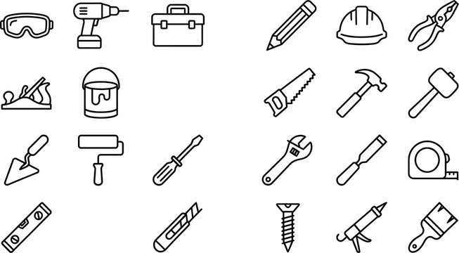 Flat line icons set of construction tools and safety gear