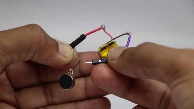 Coin type vibration motor used in smartphones being tested for its working by connecting to DC power from a small lithium polymer battery