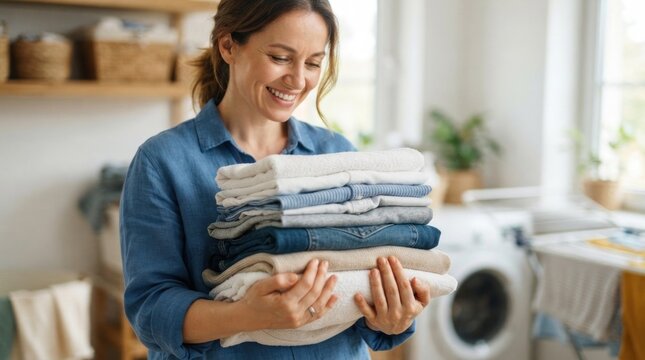 A woman smiling, holding a stack of clean, folded laundry in a bright, well-lit laundry room with a washing machine in the background.