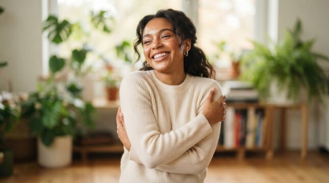 A woman smiling and hugging herself in a cozy, green-painted living room with potted plants and a wooden floor.