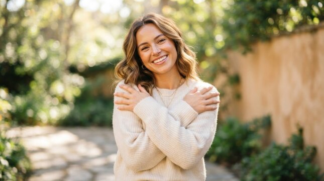 A smiling woman with long, wavy hair, wearing a white sweater, standing outdoors in a garden with greenery and a stone path.
