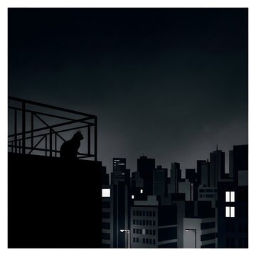 Cat Silhouette on Rooftop Overlooking City Skyline at Night