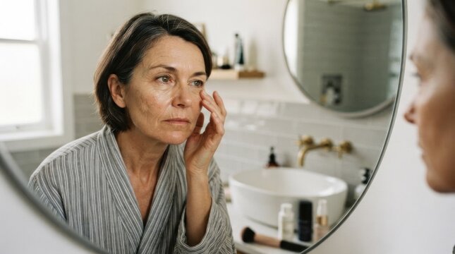 A middle-aged woman in a gray robe, applying eye cream to her eye, in a bathroom with a round mirror and tiled walls.