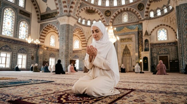 A young woman in a white hijab and traditional dress is kneeling in a large, ornate mosque, her hands clasped together in prayer. 