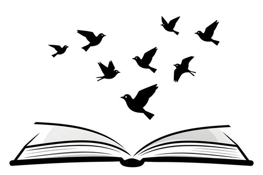 Black bird silhouettes flying from an open book symbol of freedom and imagination